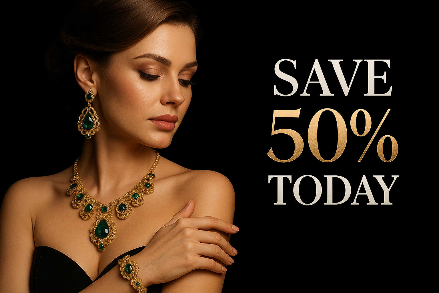 Create a high-quality ad banner showing a stylish woman wearing elegant artificial gold jewellery with green emerald stones. She should be facing slightly sideways with a confident expression. Background should be pitch black. Text on the right side in bold white and golden letters should say: “SAVE 50% TODAY”. The look must be luxurious, premium, and perfect for an artificial jewellery e-commerce ad.